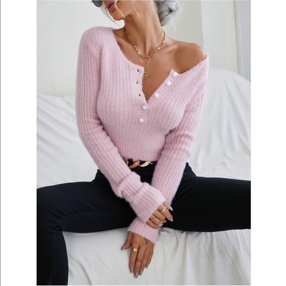 Button Front V-neck Fuzzy Crop Sweater in White - Picture 6 of 8